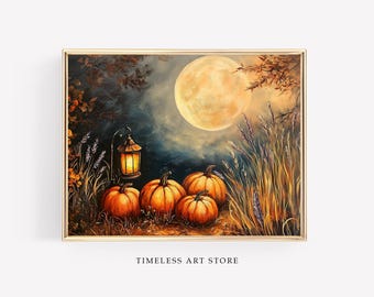 Cozy Autumn Pumpkin Wall Art | Moody Halloween Pumpkin Print | Vintage Full Moon Fall Painting | Autumn Home Decor | Digital | Printable