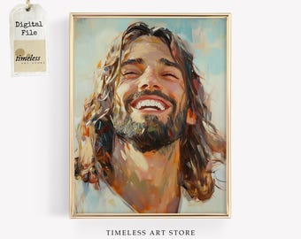 Retrato de Jesús radiante de alegría / Arte mural de Cristo sonriente / Pintura de Jesús estilo boho / Decoración cristiana moderna / Obra de arte de Jesús