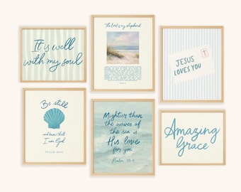 Coastal Christian Wall Art Set | Bible Verse Printable Posters | Beach House Scripture | Psalm 23 Be Still Waves Quote | Digital Download