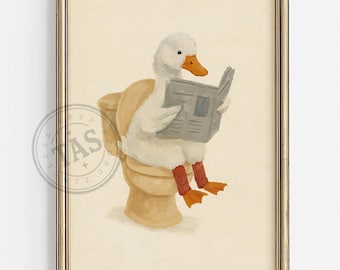Duck Bathroom Print for Nursery | Funny Kids Bathroom Wall Art | Whimsical Duck Reading on Toilet | Farmhouse Toilet Decor Digital Download