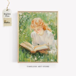 Girl Reading Artwork | Vintage Style Book Lover Art | Cozy Reading Nook Wall Art | Feminine Printable Decor | Romantic Academia Aesthetic