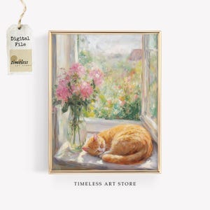 Puede incluir: Una pintura de un gato naranja durmiendo en una habitación soleada con un jarrón de flores rosas en un alféizar de ventana. El gato está acurrucado en una superficie blanca, y la ventana está abierta a una vista de un jardín.