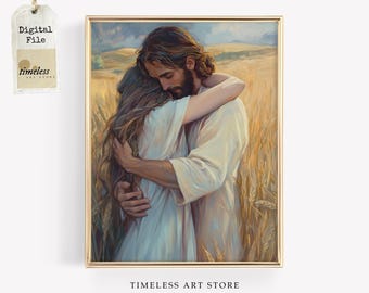 Embrace Of Grace Jesus And Woman Art | Christian Wall Decor | Picture Of Christ | Bible Verse Artwork | LDS Painting | Jesus Wall Art