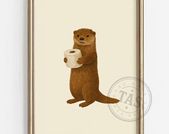Funny Otter Bathroom Wall Art | Kids Bathroom Printable Decor | Toilet Paper Animal Print | Cute Animal Digital Download | Playful Artwork