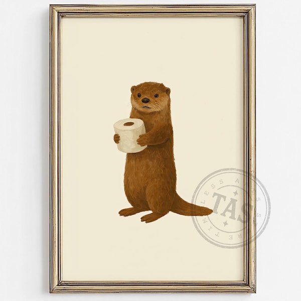 Funny Otter Bathroom Wall Art | Kids Bathroom Printable Decor | Toilet Paper Animal Print | Cute Animal Digital Download | Playful Artwork