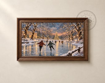 Christmas Village Frame TV Art: Winter Ice Skating Under Twinkling Lights, Digital Download
