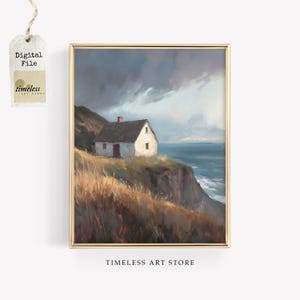 Coastal Beach House Painting: Rustic Seaside Art (Digital Download)