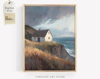 Peinture côtière d'été, décoration murale de maison de plage, paysage balnéaire rustique en téléchargement numérique, oeuvre d'art murale côtière imprimable en téléchargement