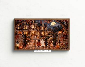 Halloween Frame TV Art, Trick or Treat Kids, Ghost and Witch Costume Parade, Full Moon Fall TV Digital Download