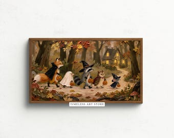 Trick or Treat Woodland Animals, Whimsical Halloween Frame TV Art, Cozy Autumn Digital Download
