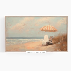 Funny Halloween Samsung Frame TV Art, Cute Ghost Lounging on a Beach Bed, Vintage Style Oil Painting TV Art, Digital Download