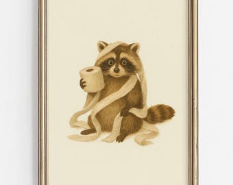 Funny Raccoon Bathroom Wall Art | Toilet Humor Digital Download | Vintage Style Printable | Guest Bathroom Decor | Cute Animal Poster