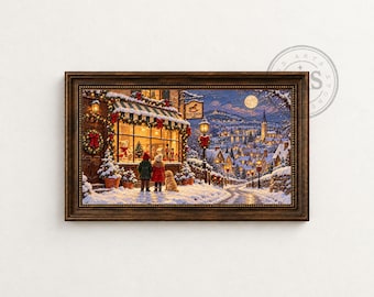 Nostalgic Holiday Frame TV Art, Snowy Toy Shop and Winter Village, Digital Download