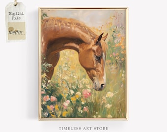 Cottagecore paard muurkunst | Rustiek boerderijdierdecor | Pastelkleurig paardkunstwerk | Botanische ruiterposter | Grillige natuuresthetiek