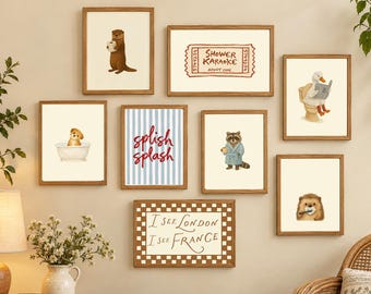 Kids Bathroom Wall Art Set of 8, Duck Bath Art, Otter Brushing Teeth, Whimsical Animal Bathroom Decor, Digital Download