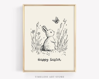 Vintage Easter Bunny Art Printable | Minimalist Black and White Botanical Illustration | Rustic Farmhouse Spring Wall Art | Digital Download