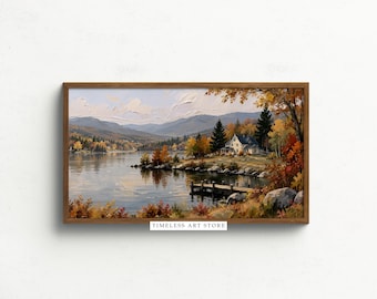 Vintage Autumn Lake Landscape, Fall Frame TV Art, Mountain Cottage Digital Download