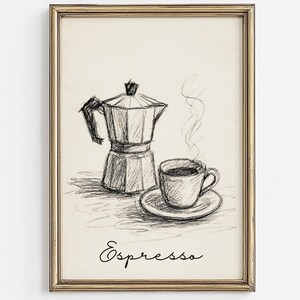 May include: A black and white sketch of an espresso pot and a cup of coffee with steam rising from the cup. The text "Espresso" is written below the image.