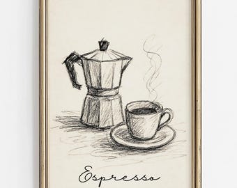 Espresso Coffee Print | Retro Moka Pot Sketch (Digital Download)