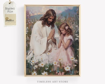 Jesus and Girl Praying | Christian Wall Art | LDS Painting of Christ and Children | Bible Verse Artwork | Savior Art | Religious Printable