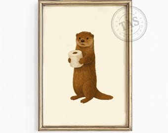 Funny Otter Bathroom Wall Art | Kids Bathroom Printable Decor | Toilet Paper Animal Print | Cute Animal Digital Download | Playful Artwork