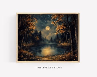 Vintage Autumn Full Moon Painting | Dark Fall Forest Art | Moody Magical Halloween Art | Gothic Autumn Home Decor | Dark Academia Printable