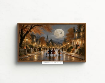 Moody Halloween Frame TV Art, Trick or Treat Kids, Fall Village,  Moonlight Party, Digital Download