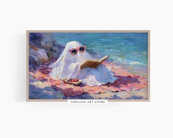 Beach Day Ghost Frame TV Art: Coastal Halloween Decor (Digital Download