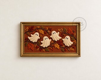 Cute Ghosts Halloween Frame TV Art, Autumn Leaves and Embroidery Effect, Digital Download
