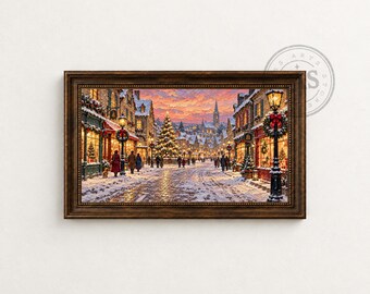 Christmas Village Frame TV Art: Snowy Street at Sunset, Digital Download