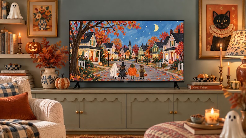 May include: A flat-screen television displaying a vibrant autumn neighborhood scene with children in Halloween costumes walking down a street. The screen shows houses, orange trees, a crescent moon, and a starry night sky, set within a decorated room.