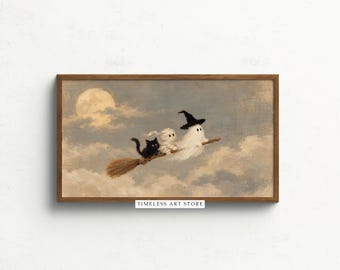 Spooky Cute Ghost, Mummy and Black Cat on Broomstick, Halloween Frame TV Art, Digital Download
