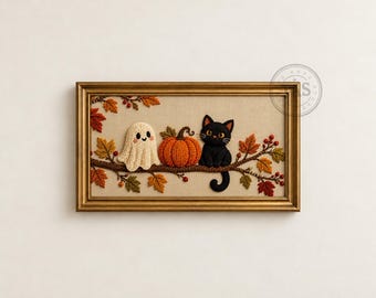 Halloween Frame TV Art: Embroidery Effect Ghost, Pumpkin and Black Cat, Digital Download