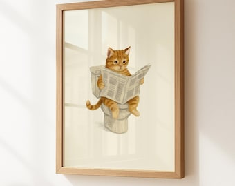 Cat on Toilet: Funny Bathroom Wall Art, Cute Cat Poster for Dorm Room Decor, Restroom Art for Cat Lovers (Digital Download)