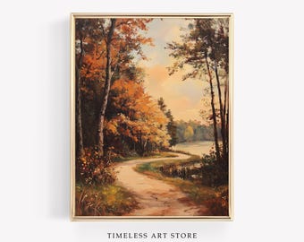 Fall Landscape of a Forest Trail | Rustic Forest Trail Printable | Autumn Digital Print | Vintage Style Fall Painting | Bedroom Decor