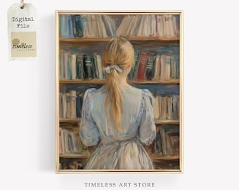 Bookshelf Art Print | Vintage Woman Reading Painting (Digital Download)