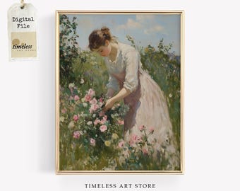 Vintage Woman in a Flower Garden Art | Neo-Classical Pastel Floral Artwork | Coquette Rustic Portrait | Serene Botanical Wall Art Print