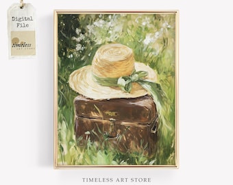 Cottagecore Suitcase Art Print | Vintage Straw Hat, Slow Living (Digital Download)