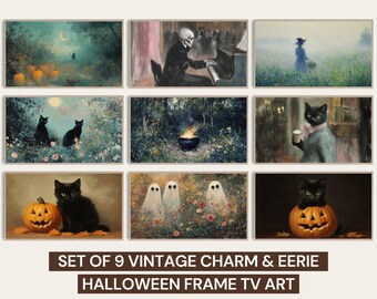May include: Set of nine vintage-style Halloween-themed art prints. Each print features a different spooky scene, including black cats, pumpkins, ghosts, and a skeleton playing the piano. The art has a vintage charm and eerie aesthetic.