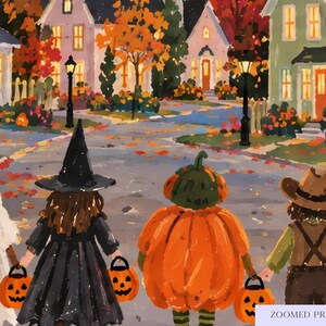 May include: A painting of four children in Halloween costumes walking down a street at dusk. The figures include a ghost, a witch in a black dress and hat, a pumpkin, and a person in a brown hat and overalls, each carrying a small orange pumpkin bucket.