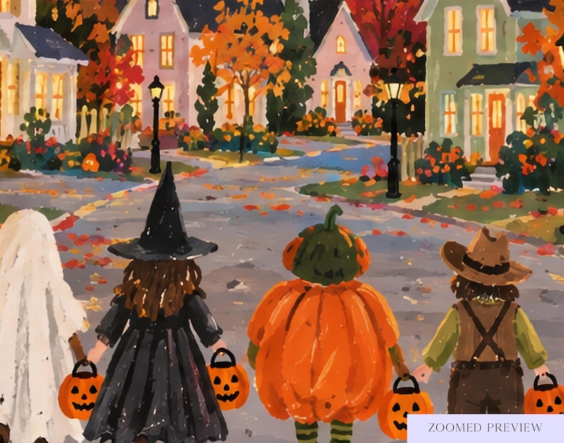 May include: A painting of four children in Halloween costumes walking down a street at dusk. The figures include a ghost, a witch in a black dress and hat, a pumpkin, and a person in a brown hat and overalls, each carrying a small orange pumpkin bucket.