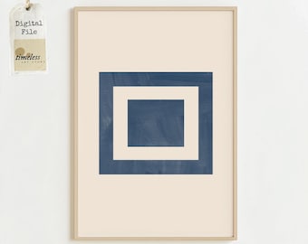 May include: A digital print of a minimalist geometric design featuring a blue square inside a white square inside a larger blue square on a cream background. The print is framed in a light wood frame.