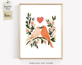 Valentine’s Day Wall Art | Lovebirds Digital Download | Romantic Floral Artwork | Cute Couple Illustration | Whimsical Heart Decor