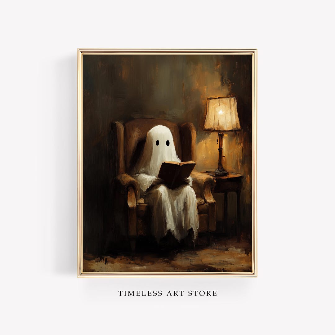 Cute Ghost Reading Art | Dark Academia Halloween Decor | Halloween Wall ...