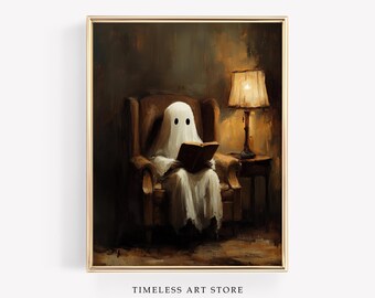 Cute Ghost Reading Art | Dark Academia Halloween Decor | Halloween Wall Art | Vintage Halloween Art | Ghost Decor | Spooky Wall Art