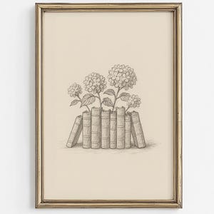 May include: A framed pencil drawing of a bouquet of white flowers growing out of a stack of vintage books. The drawing is on a cream-colored background.