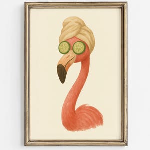 Rolig väggkonst för badrum med flamingo | Utskrivbar djurmotiv för spadag | Söt gästbadrumsdekor | Digital nedladdning av självvård | Badaffisch för flickor