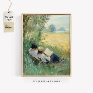 バレンタインデーのロマンチックなウォールアート | ヴィンテージスタイルの印象派カップルの絵画 | 居心地の良い農家のラブデコレーション | 本好きの方へのギフト