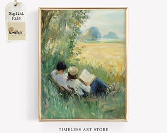 Valentine's Day Romantic Wall Art | Vintage Style Impressionist Couple Painting | Cozy Farmhouse Love Decor | Gift for Book Lovers