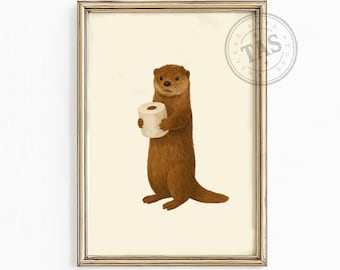 Funny Otter Bathroom Wall Art | Kids Bathroom Printable Decor | Toilet Paper Animal Print | Cute Animal Digital Download | Playful Artwork